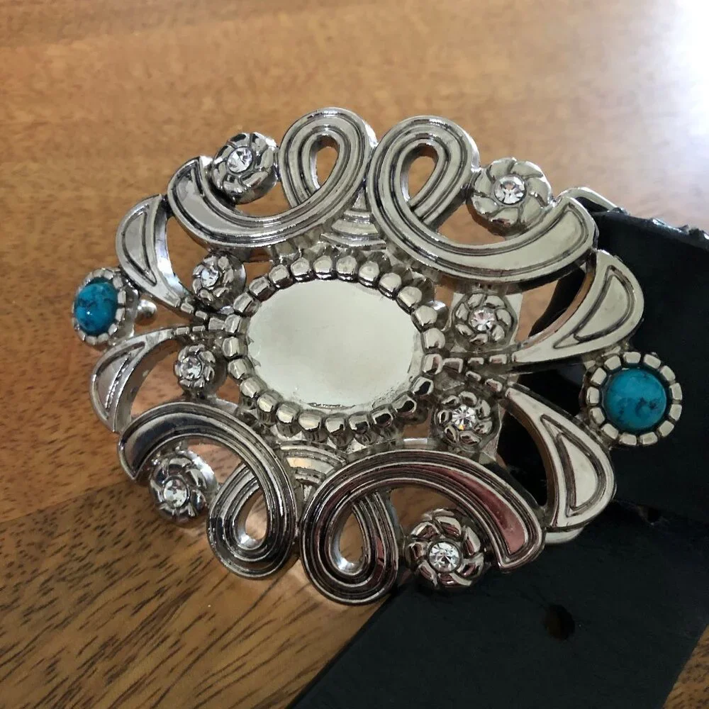 Black Leather Belt with Large Silver Buckle: Rhinestone and Turquoise, Small